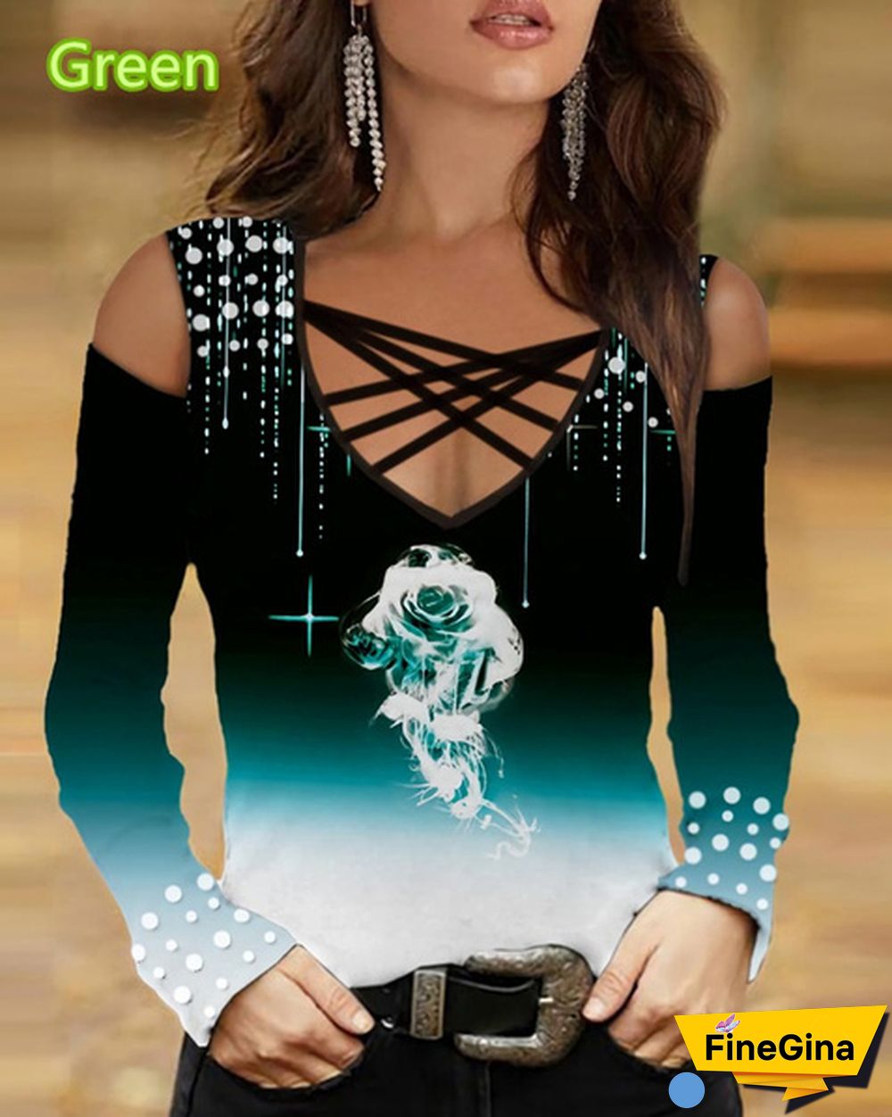 Women's T-shirt Spring and Summer New Fashion Women's Strapless Long Sleeve Flower Printed Slim Strap Cross Neck V-neck T-shirt Soft and Comfortable Thin Top XS-5XL