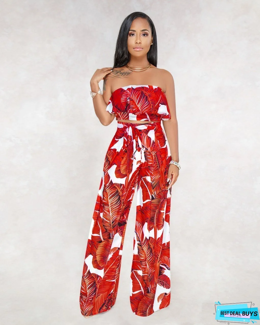 SEXY PRINTING STRAPLESS FLOUNCE TOP WIDE-LEG TROUSERS SUIT