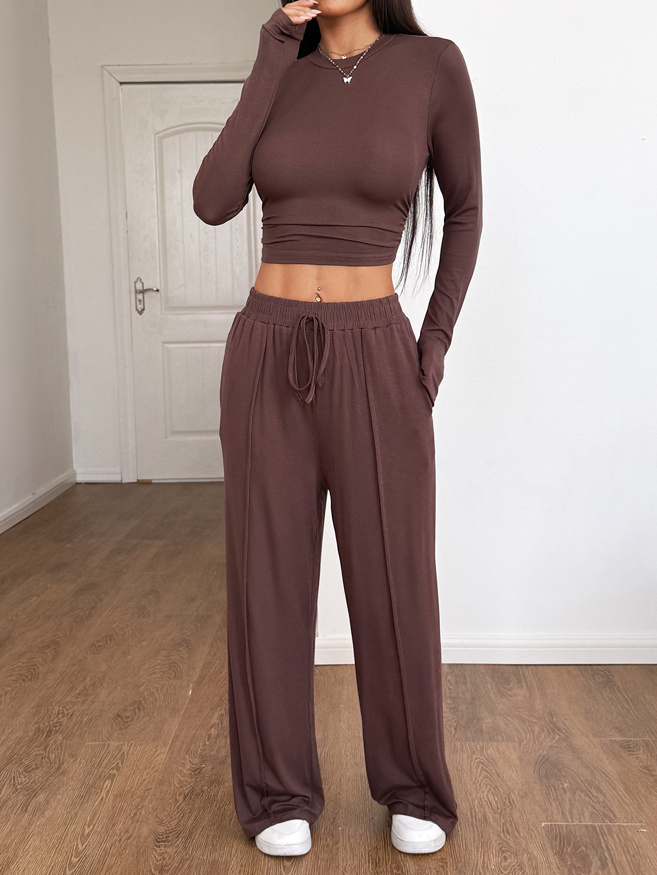 Long Sleeve Crop Top & Wide-Leg Pants Lounge Set - HIGIANNA&reg;