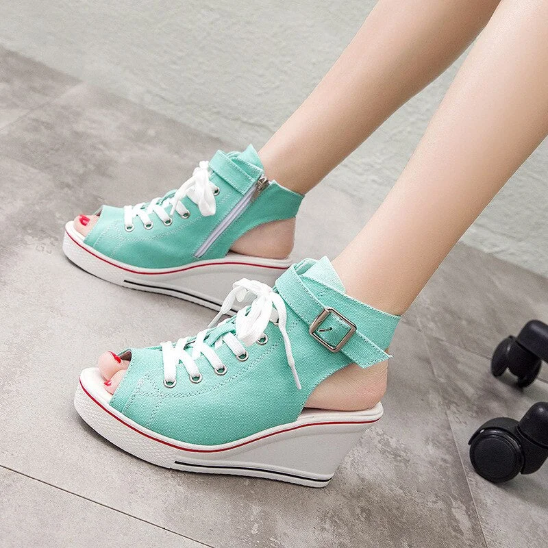 6 Color Spring and Summer New High-top Canvas Women's Fish Mouth Shoes Canvas Sandals Wedge Open Toe Hollow Large Size 35-43