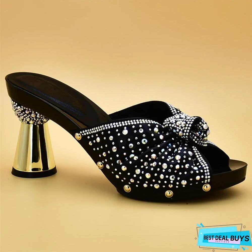 Women Rhinestone High Heeled Sandals Mules Slides