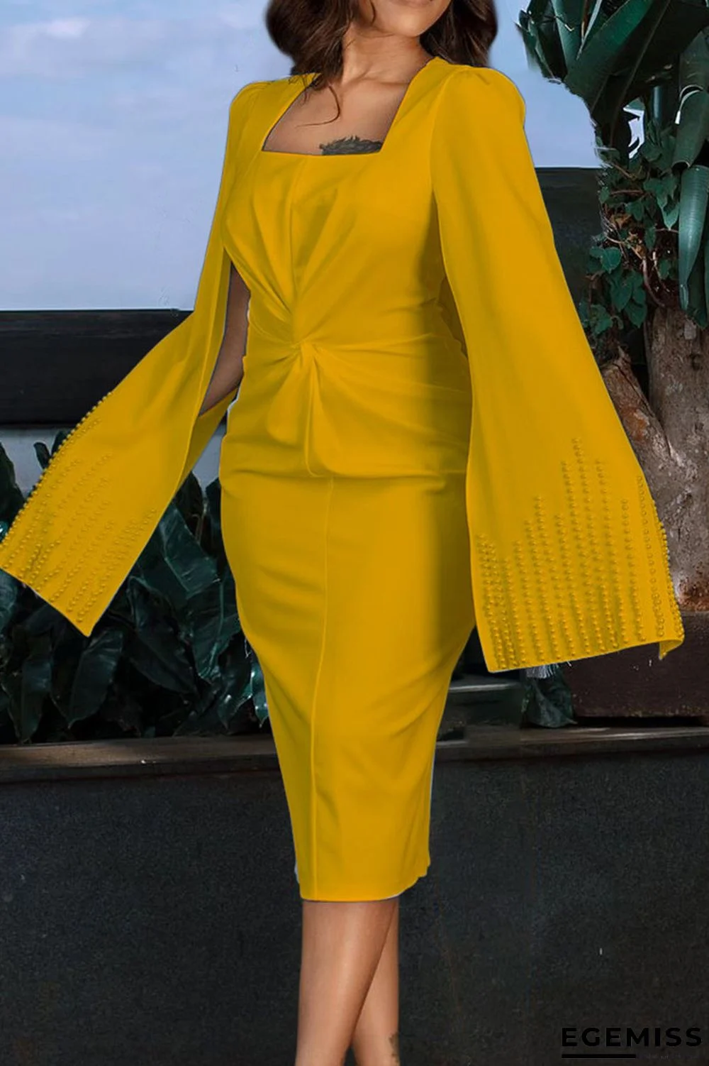 Yellow Elegant Solid Patchwork Beading O Neck Evening Dress Dresses | EGEMISS