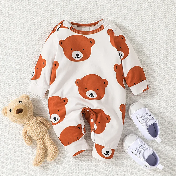 Newborn Baby Boy Allover Bear Print Long Sleeve Pullover Romper