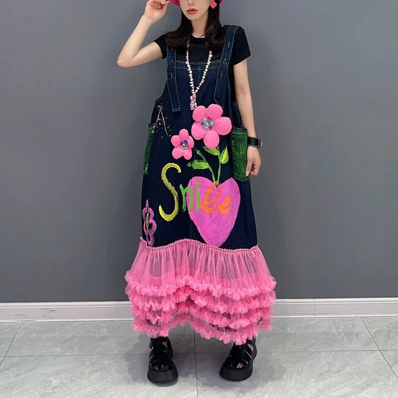 Fashion Chic Strap Dress Flower Spliced Blue Pink Casual Denim Panel Mesh Robe Women's Summer New Clothing