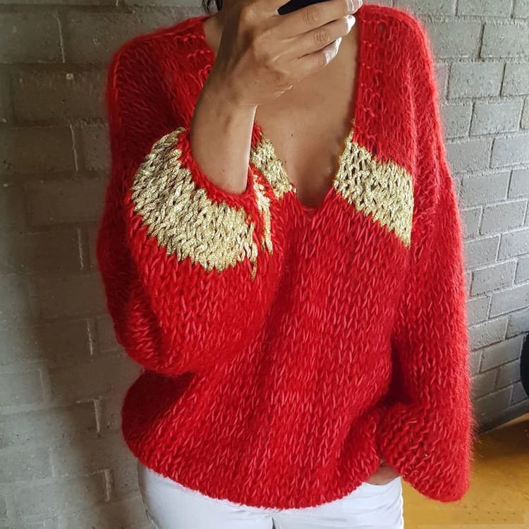 Casual V-Neck Gold Silk Knitted Sweater MusePointer