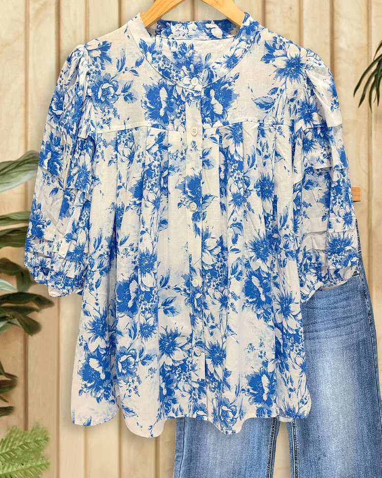 Floral Print Puff Sleeve Glamorous Button Down Blouse