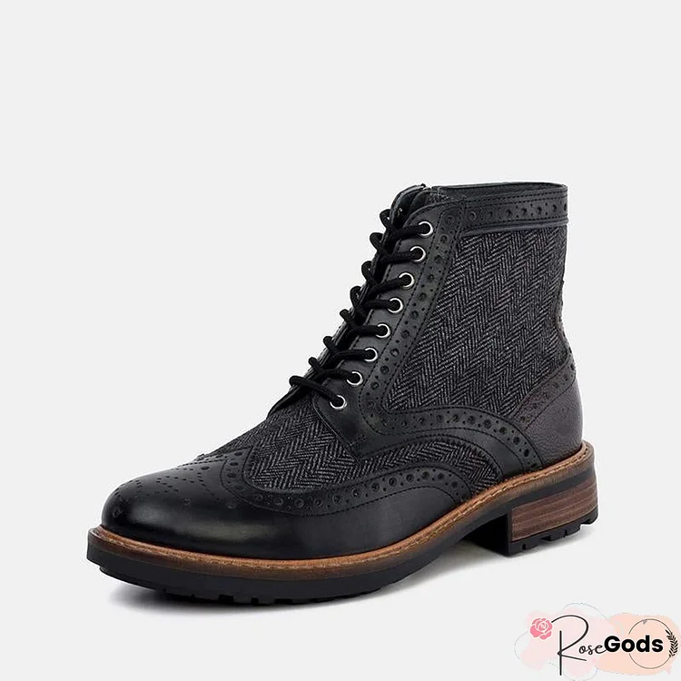 Men's Lace Up Fashion Casual Plaid Pattern Boots