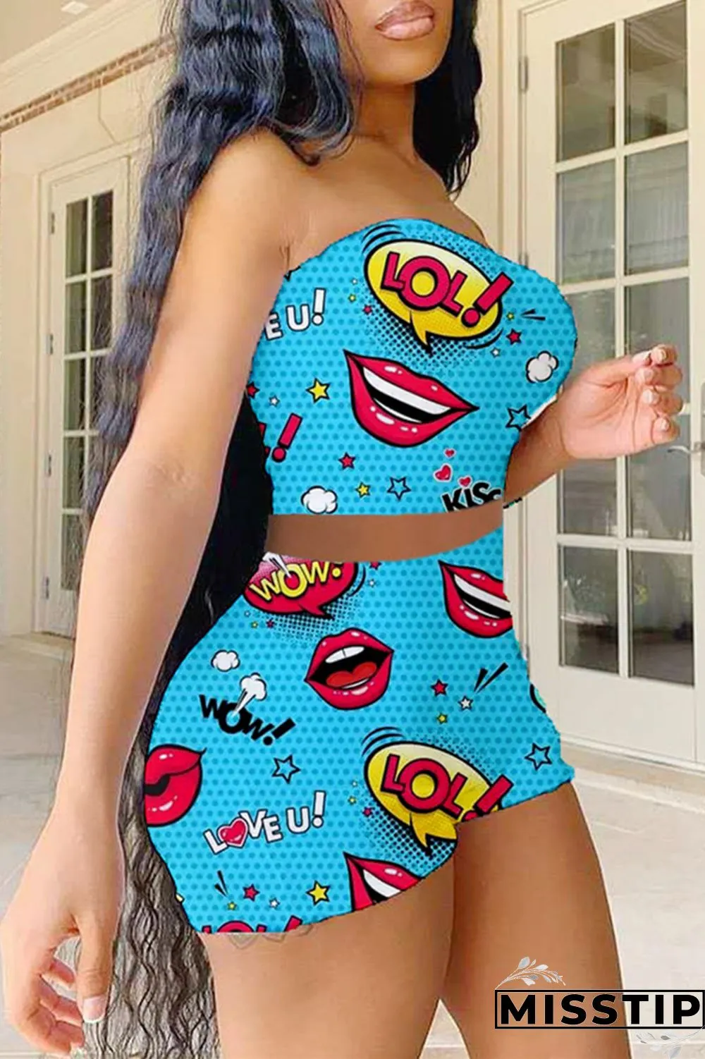 Green Sexy Casual Print Backless Strapless Sleeveless Two Pieces