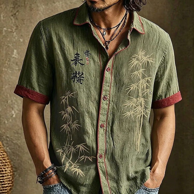 Men's Vintage Calligraphy And Bamboo Leaf Art Pattern Casual Shirt