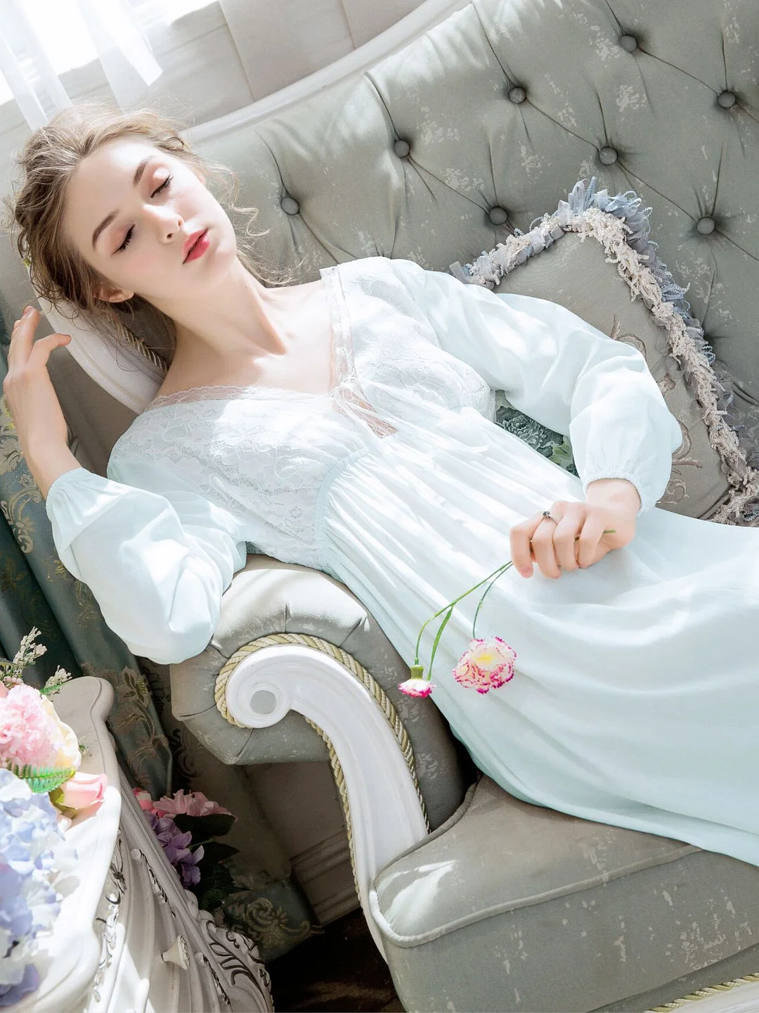 Long Sleeves Cotton Lace Princess Loose One-piece Vintage Nightgown