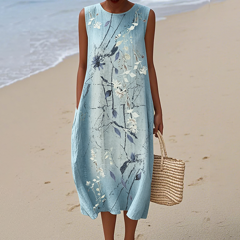 Comstylish Women's Japanese Flower Art Round Neck Sleeveless Linen Blend Midi Dress