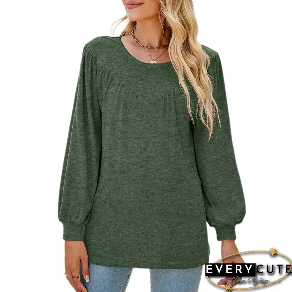 Green Crew Neck Pleated Puff Sleeve Tops