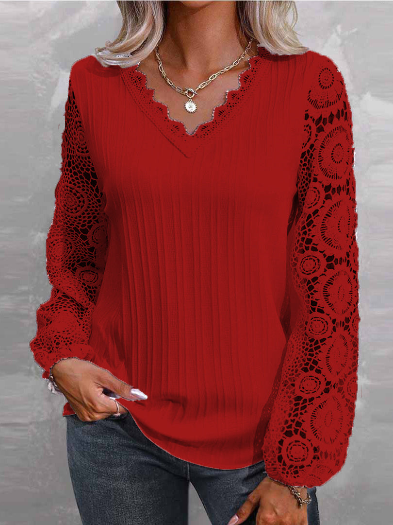 Women Long Sleeve V-neck Solid Lace Tops