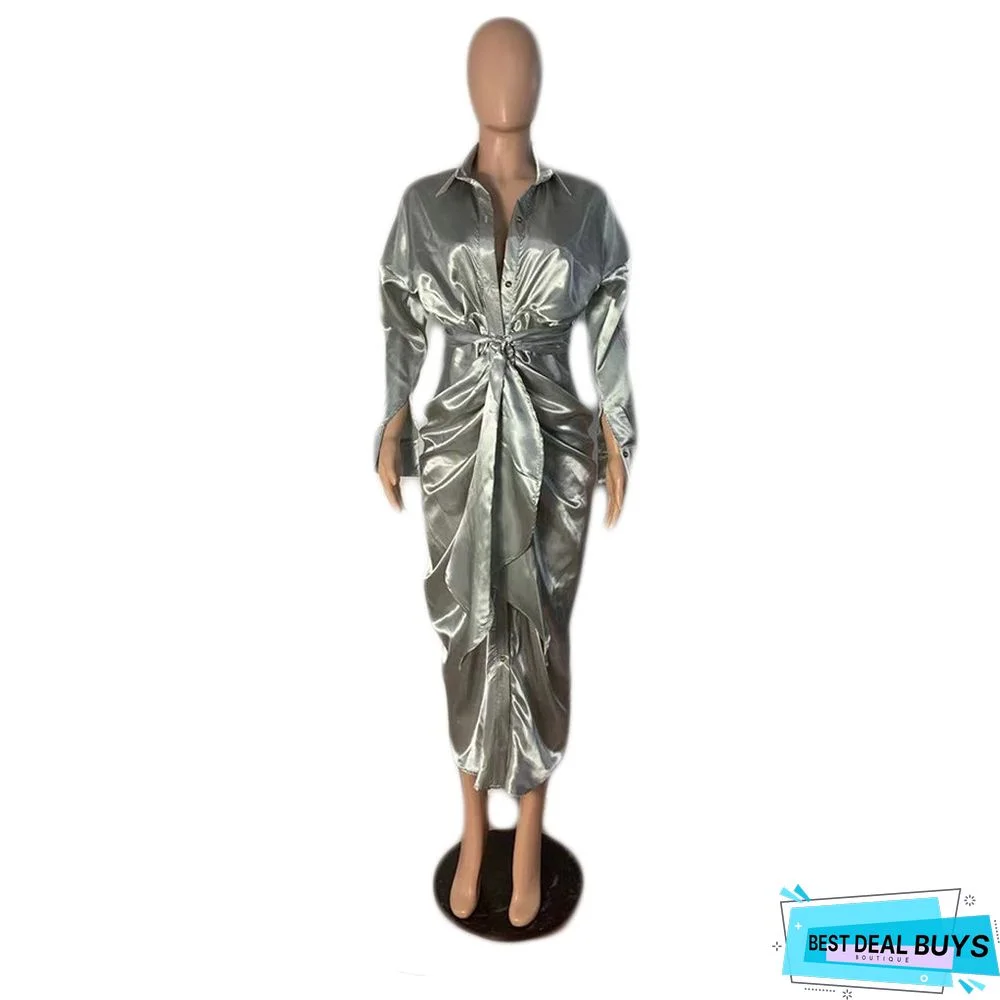 Hollow Solid Color Pleated Fashion Ladies Dress