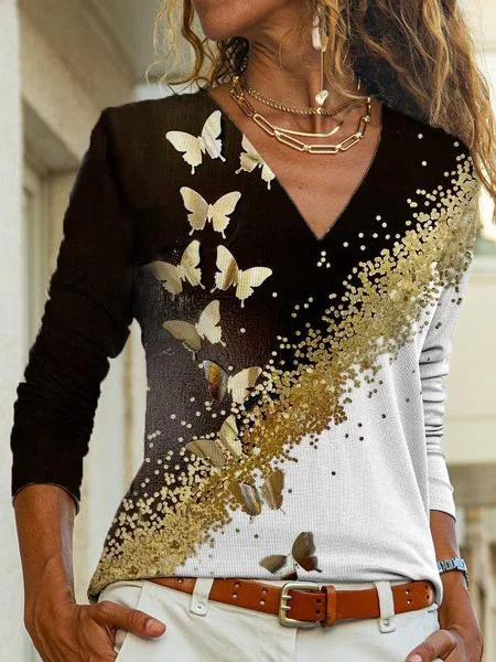Women's Long Sleeve V-neck Graphic Printed Top