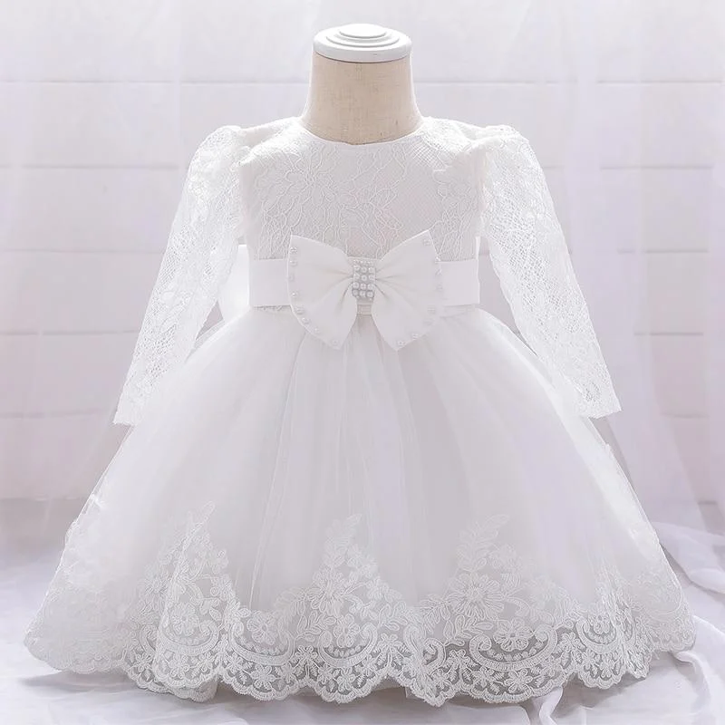 2021 Child Big Bow Baptism 1st Birthday Dress For Baby Girl Clothes Long Sleeve Princess Dresses Party And Wedding Infant Dress