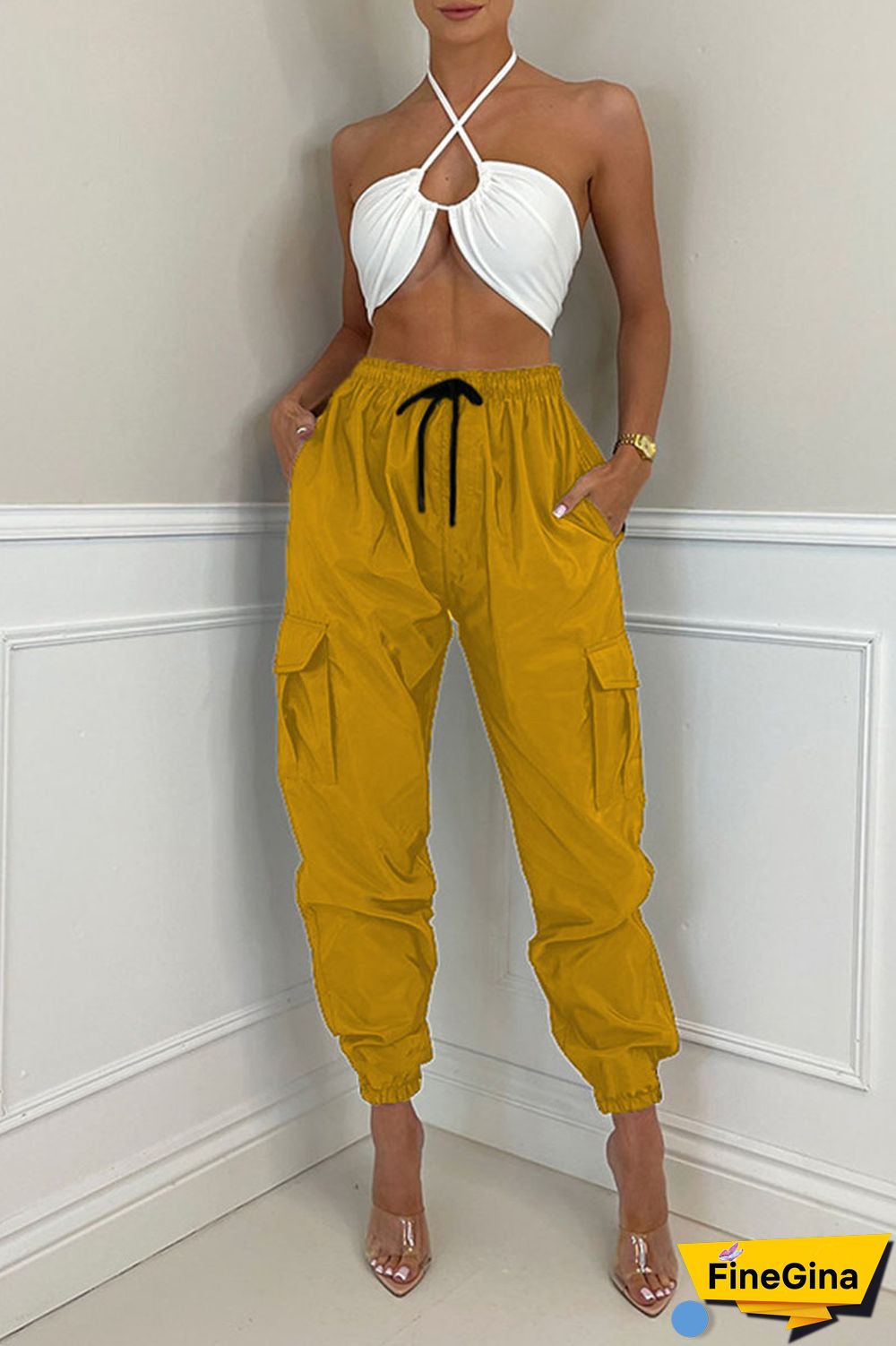 Earth Yellow Casual Street Solid Patchwork Pocket Regular High Waist Pencil Solid Color Bottoms