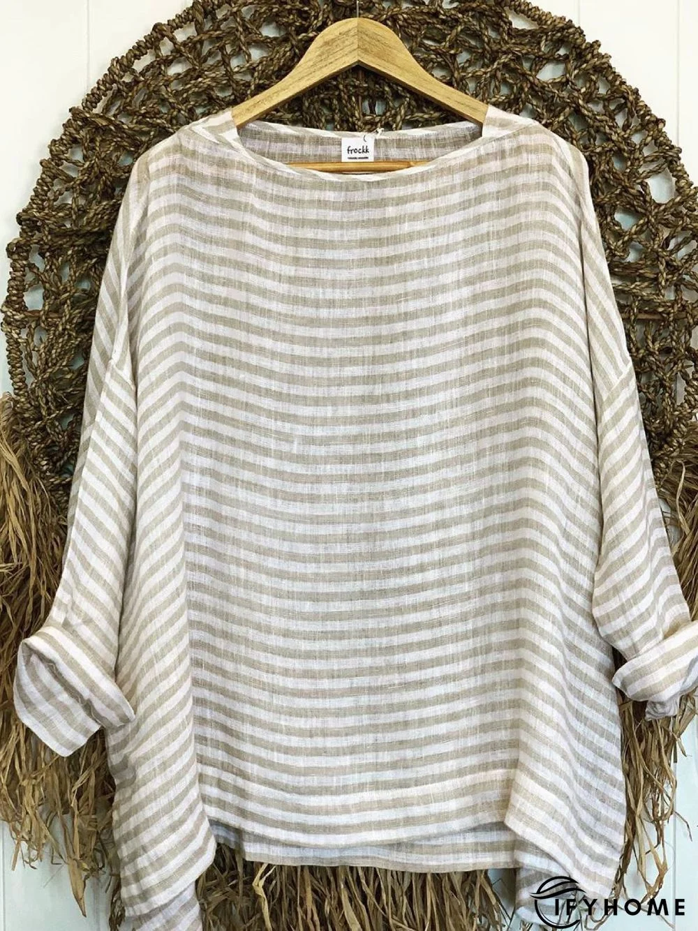 Light Gray Round Neck Striped Tops | IFYHOME