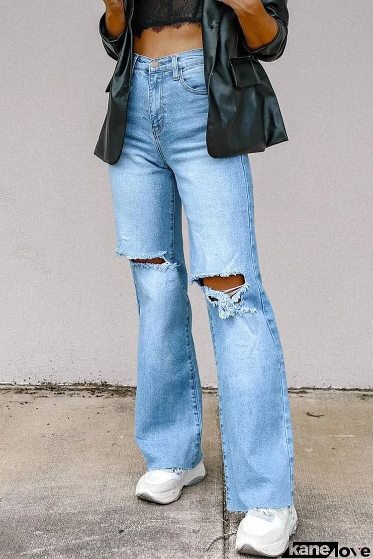 Street Solid Ripped High Waist Regular Denim Jeans