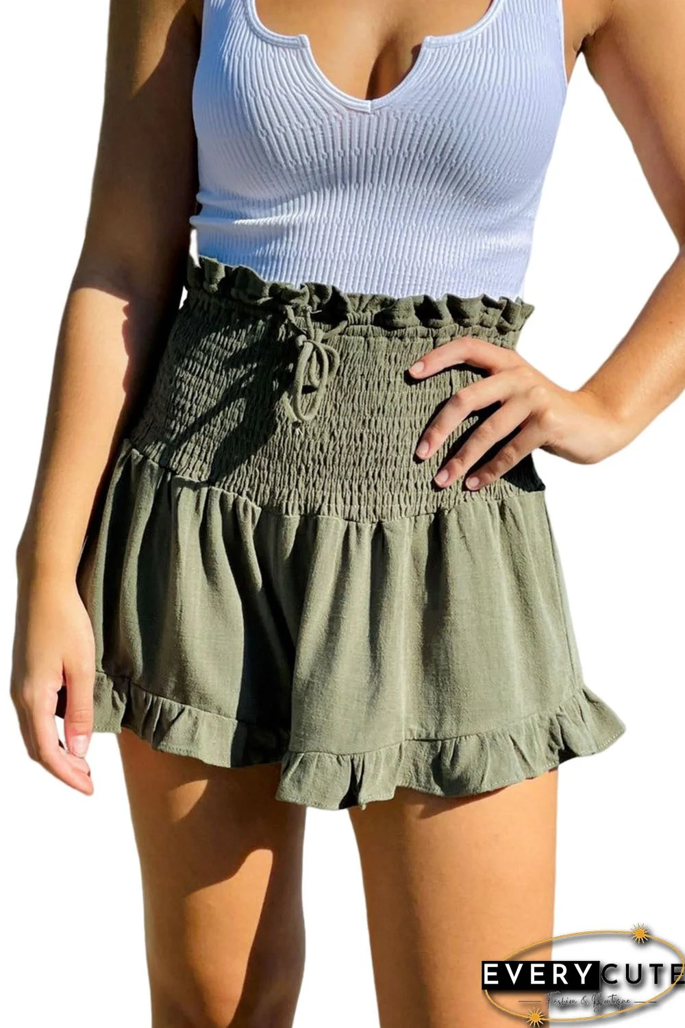 Green Smocked Wide Waistband Ruffled Casual Shorts