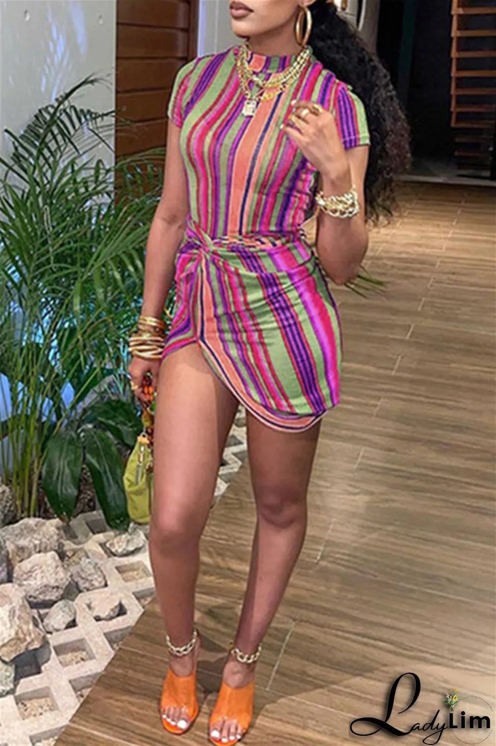 Orange Fashion Casual Striped Print Split Joint Half A Turtleneck Short Sleeve Dress