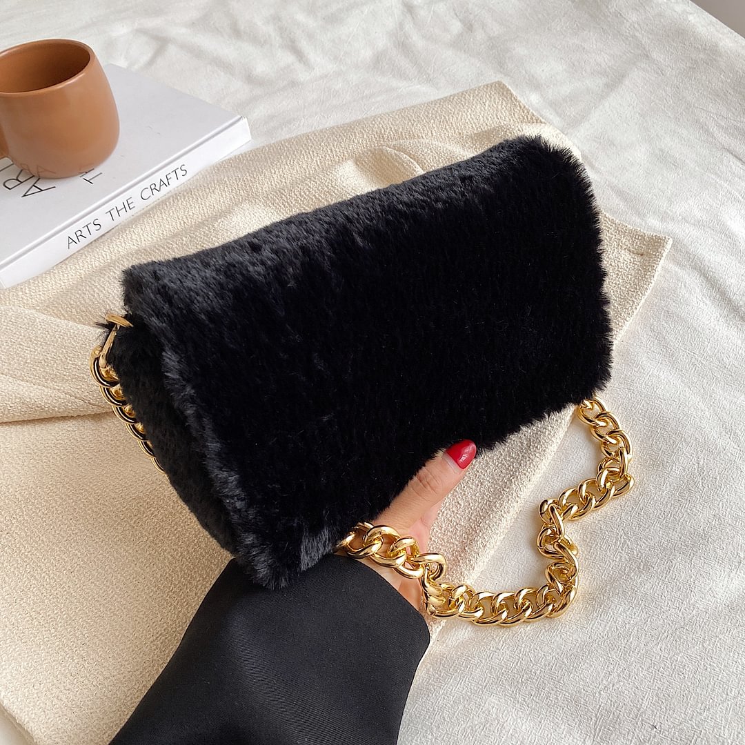 էѧӧܧ Small Soft Faux Fur Flap Crossbody Bags with Thick Chain for Women 2021 Winter Solid Color Shoulder Handbags  Purses