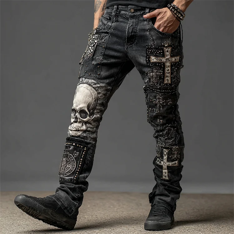 Men's Rock Skull & Cross Patch Studded Washed Jeans