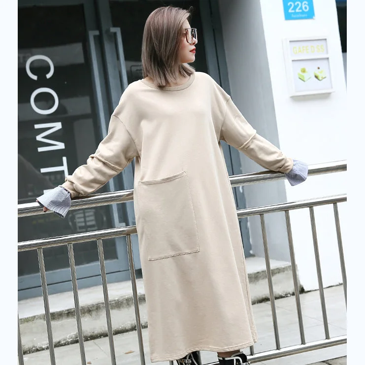 baggy khaki cotton caftans plus size clothing O neck traveling clothing 2018 pockets patchwork autumn dress