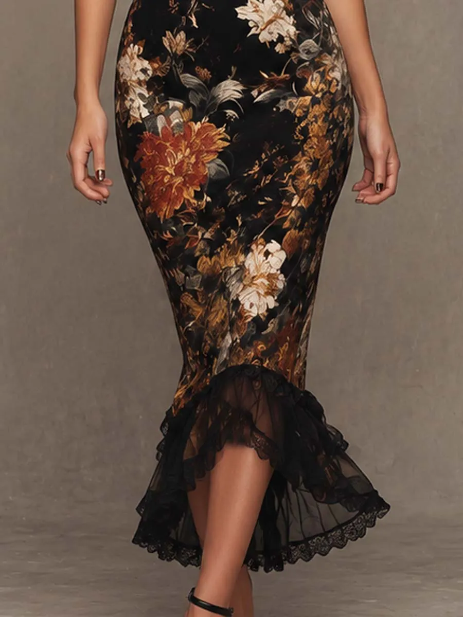 Model detail showing sleeves and hem scallop