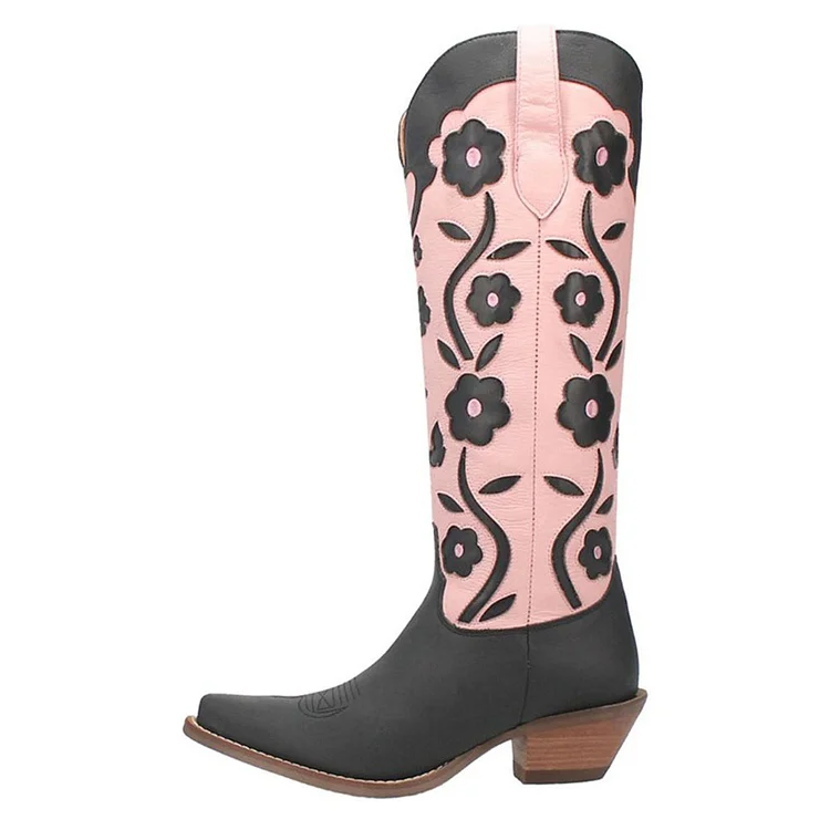 Black & Pink Floral Inlay Knee High Cowgirl Boots with Chunky Heels |FSJ Shoes