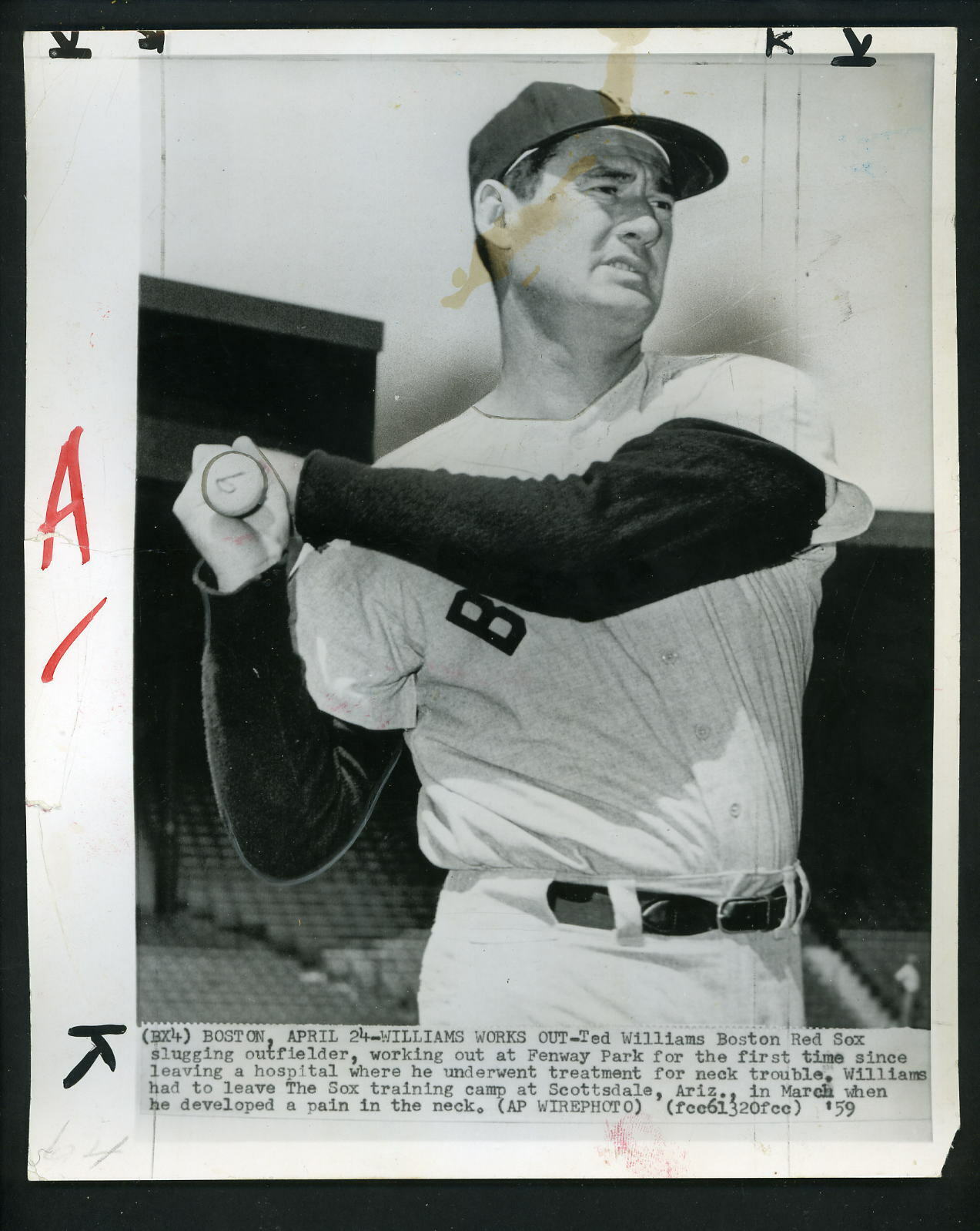 Ted Williams works out at Fenway Park 1959 Press Photo Poster painting Boston Red Sox