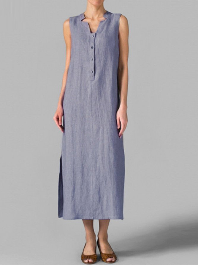 Plus Size Stand Collar Women  Shift Daily Casual Cotton Sleeveless Slit Solid Dress Zaesvini