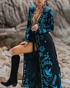 Women's Blue Embroidered Print Cardigan Dress