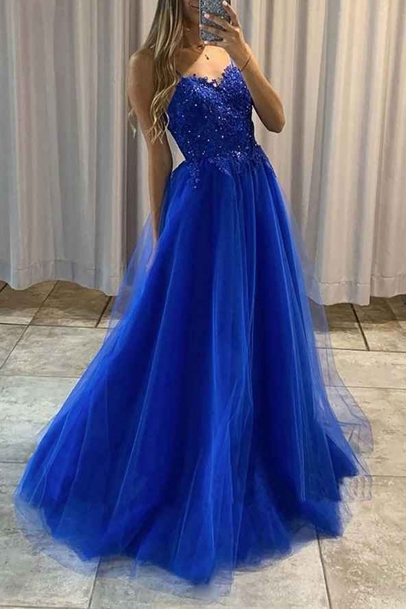 Ovlias Classy Royal Blue Spaghetti Strap Applique Tiered Tulle Prom Dress LY0463
