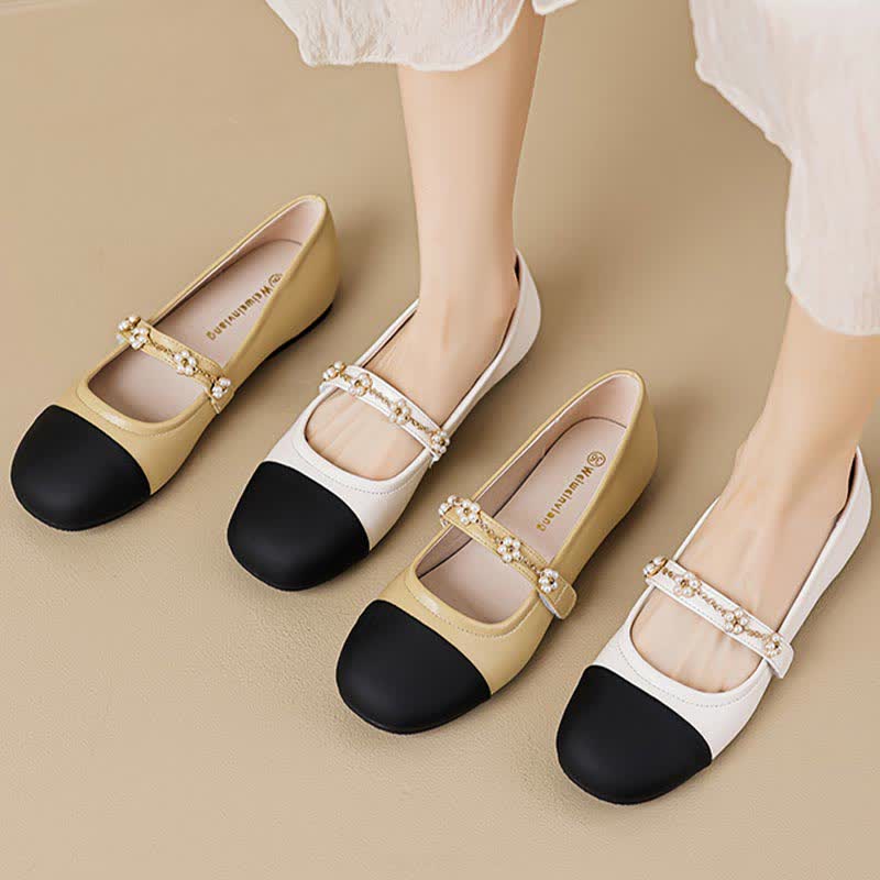 Sqaure Toe Pearl Colorblock Mary Janes Flats Shoes - Modakawa modakawa