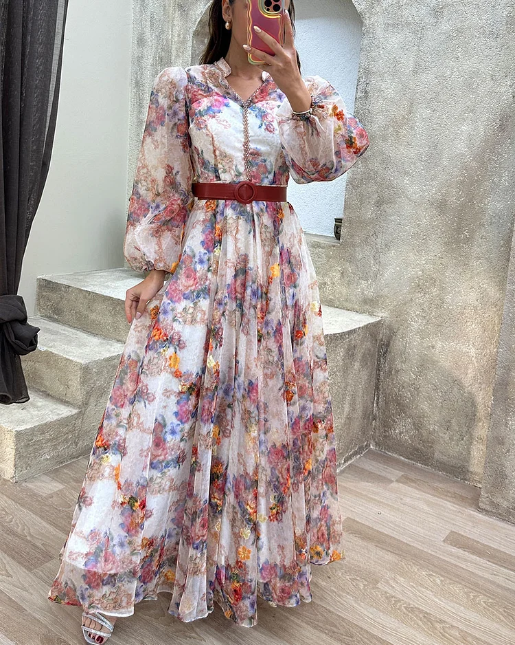 Balloon Sleeve Floral Patterned Design Chiffon Dres