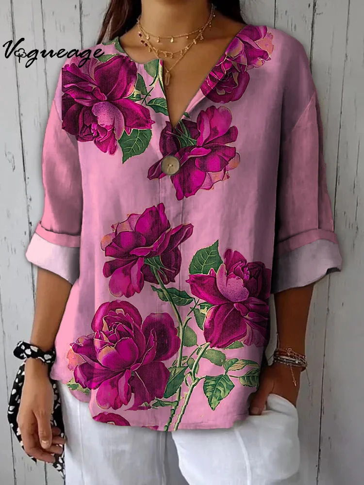 Beautiful Generous And Elegant Flowers Printed Cotton And Linen Shirt