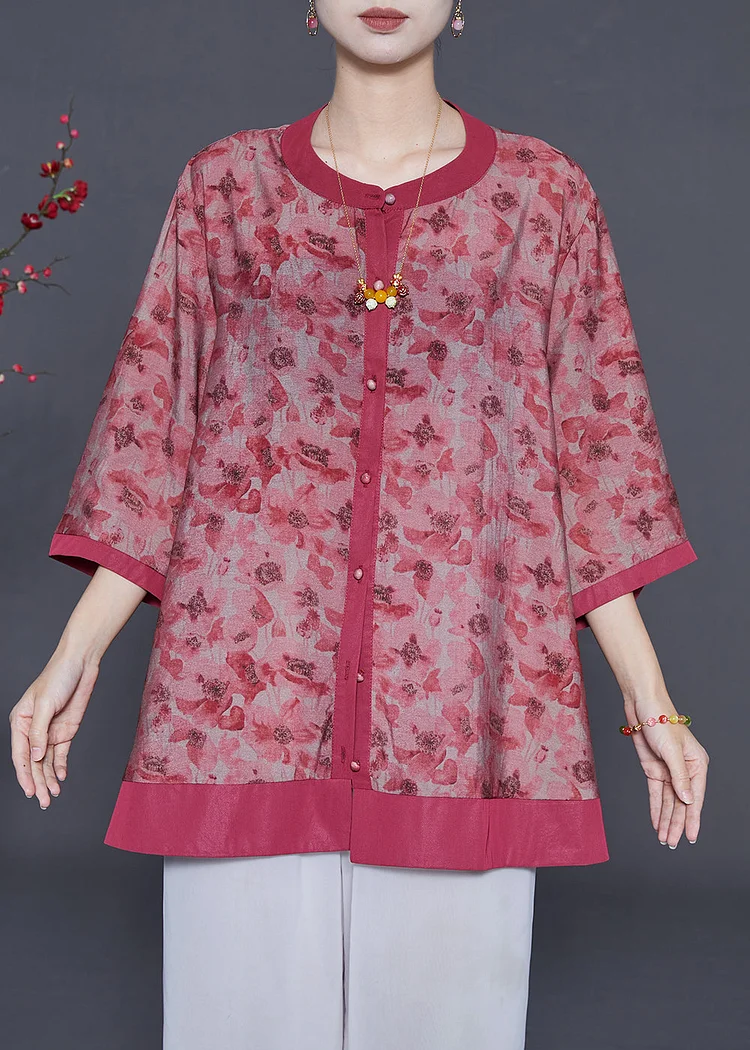 Red Print Cotton Shirt Oversized Bracelet Sleeve