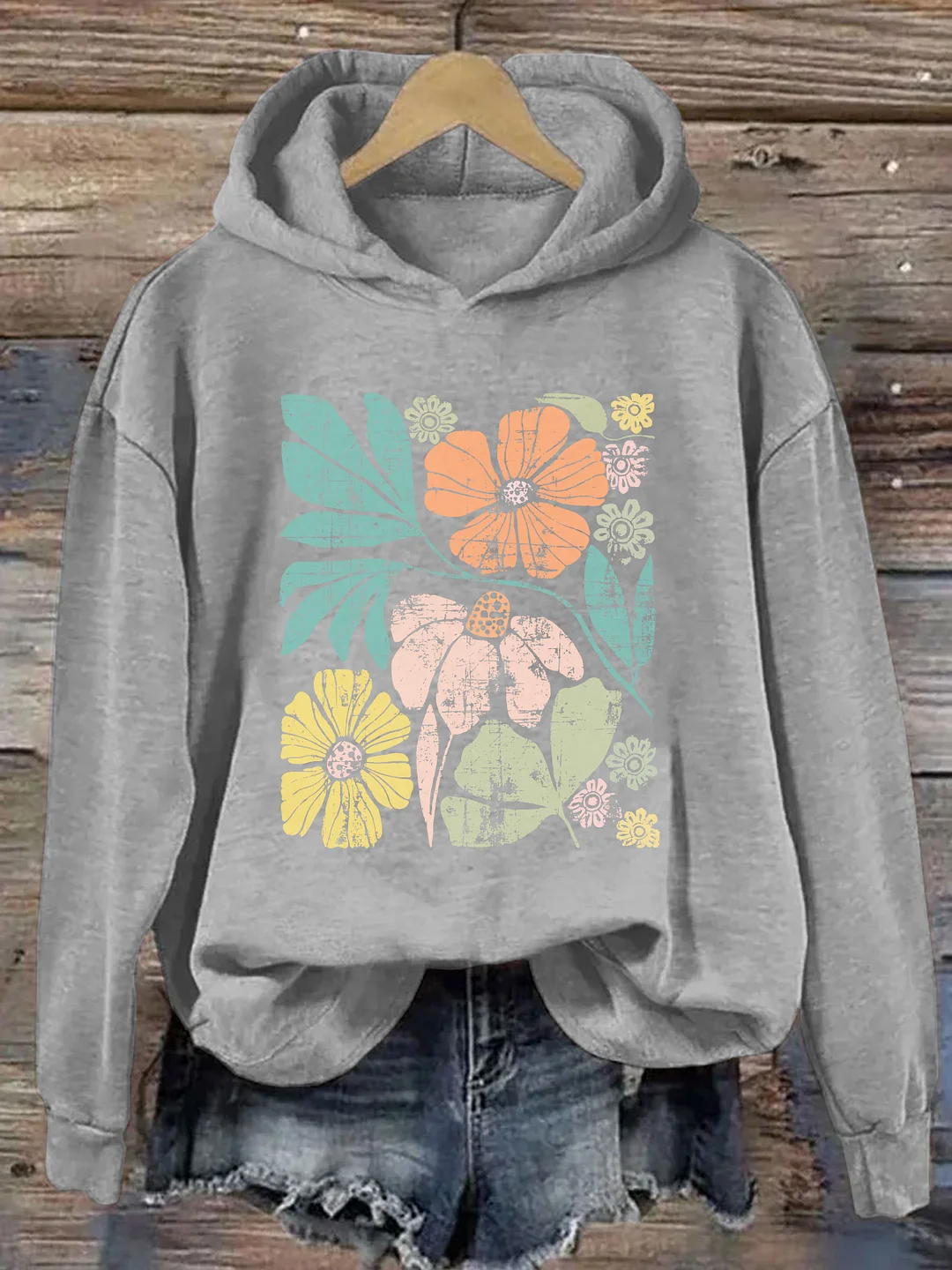 Large Colorful Distressed Flowers Hoodie