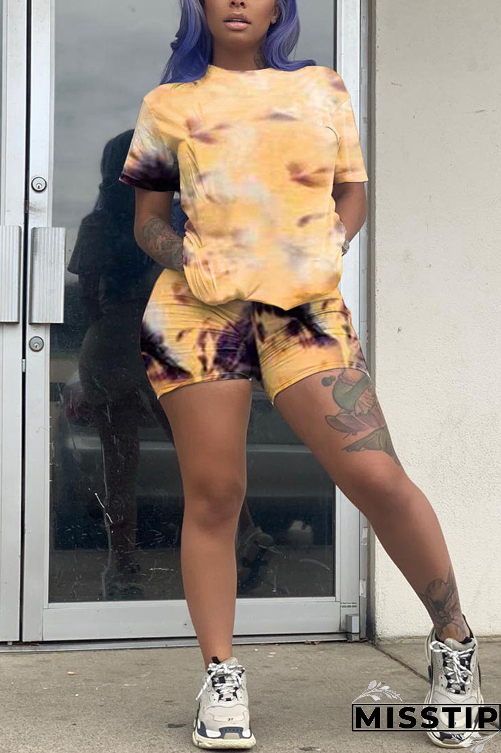 Pink Fashion Casual Tie-dye Printed Two-piece Set