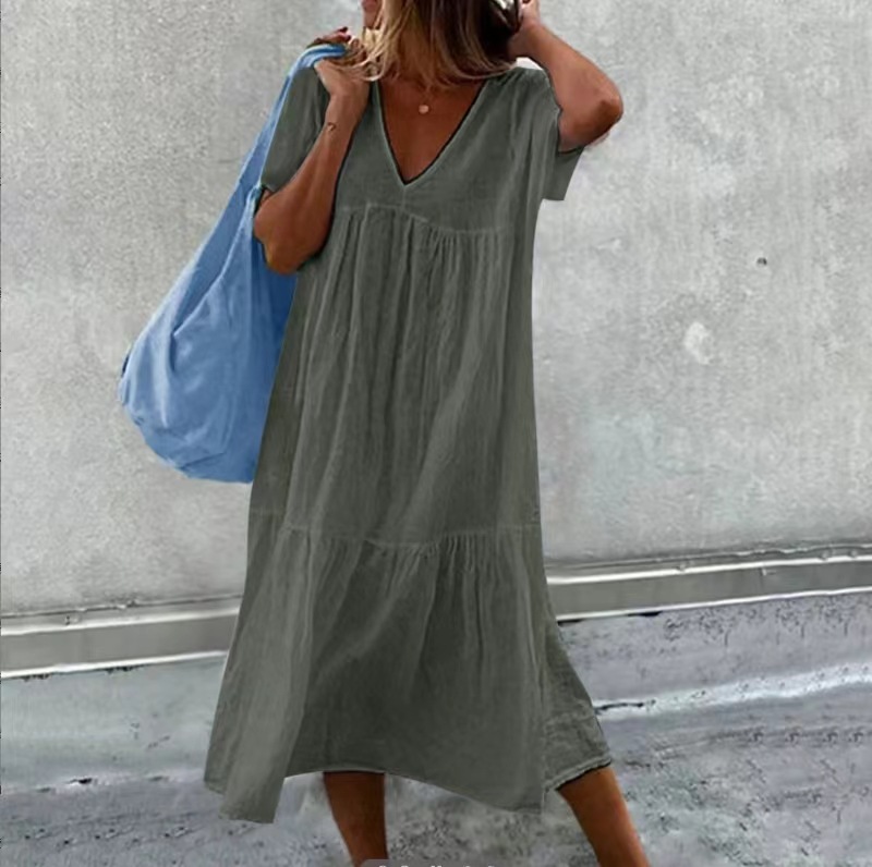 Older Women Casual Summer Round Neck Short Sleeve Cotton And Linen Mid-length Dress