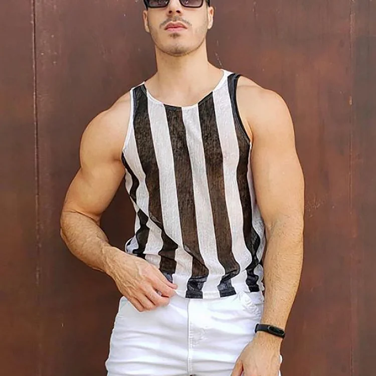 Striped See-through Sleeveless Streetwear Casual Men's Mesh Tank Tops at Hiphopee