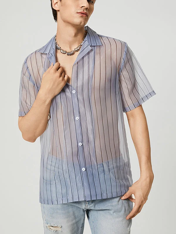 Aonga - Mens Striped Sheer Mesh See Through Shirt
