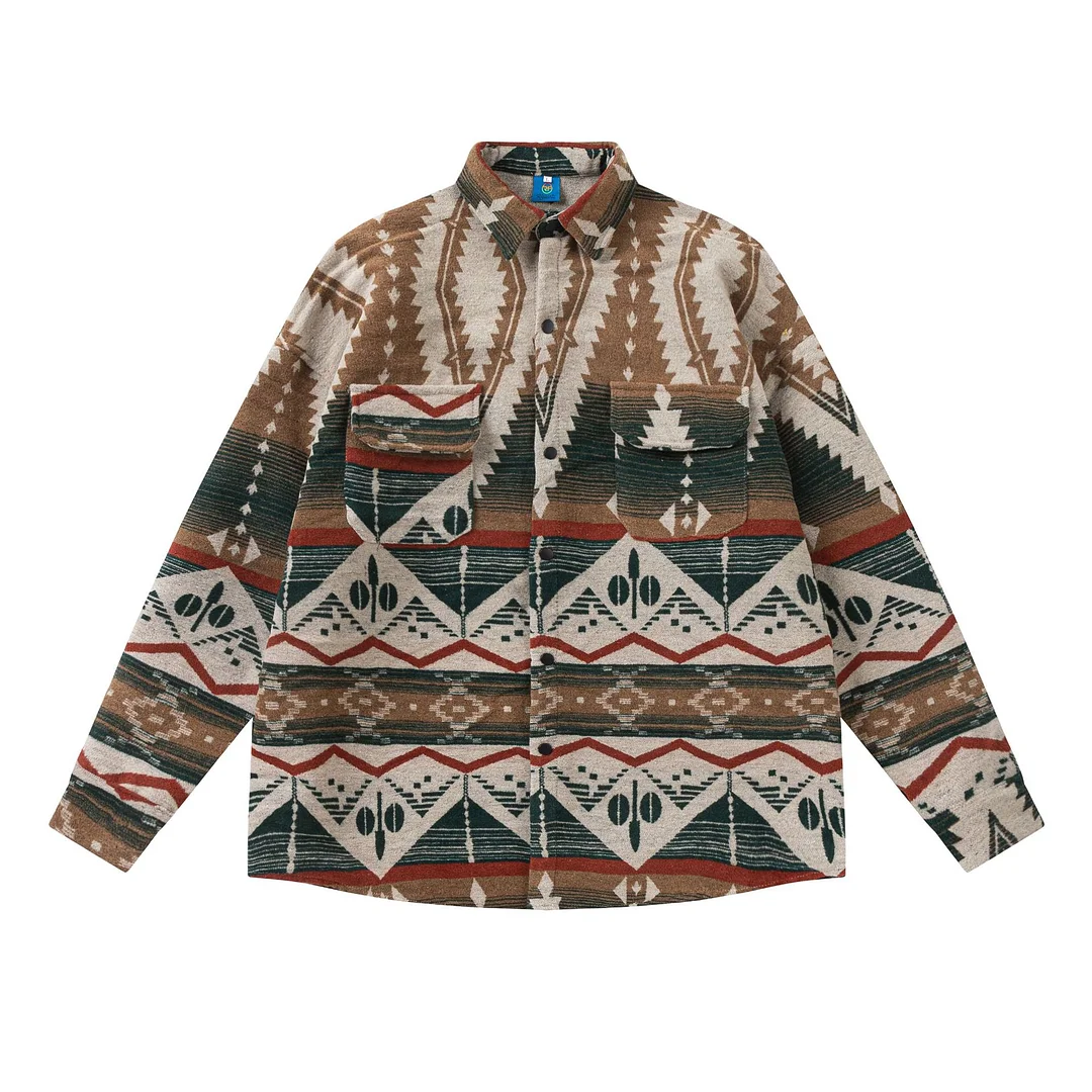 Women Men Retro Ethnic Style Woolen Jacquard Shirt Street Style Loose Fitting Shirt Jacket