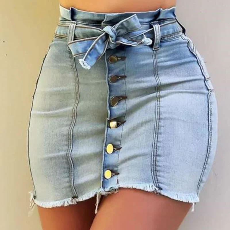 Thanksgiving Day Gifts High Waist Elastic Bandage Sexy Denim Mini Skirts Single-Breasted Harajuku Casual Hip Bag Stretch Bodycon Patchwork Sashes Skirt