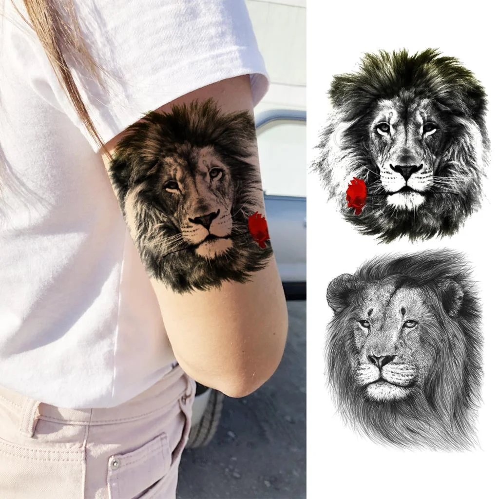 Black Lion Fashion Calf Temporary Tattoos For Women Adult Men Lion Geometric Owl Fake Tattoo Realistic Body Art Decoration Tatoo