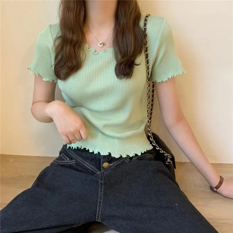 T-shirts Women Summer Lovely Korean Preppy Style Basic Edible Tree Fungus Sweet Girl Solid Tops Thin Knitted Short Sleeve Skinny