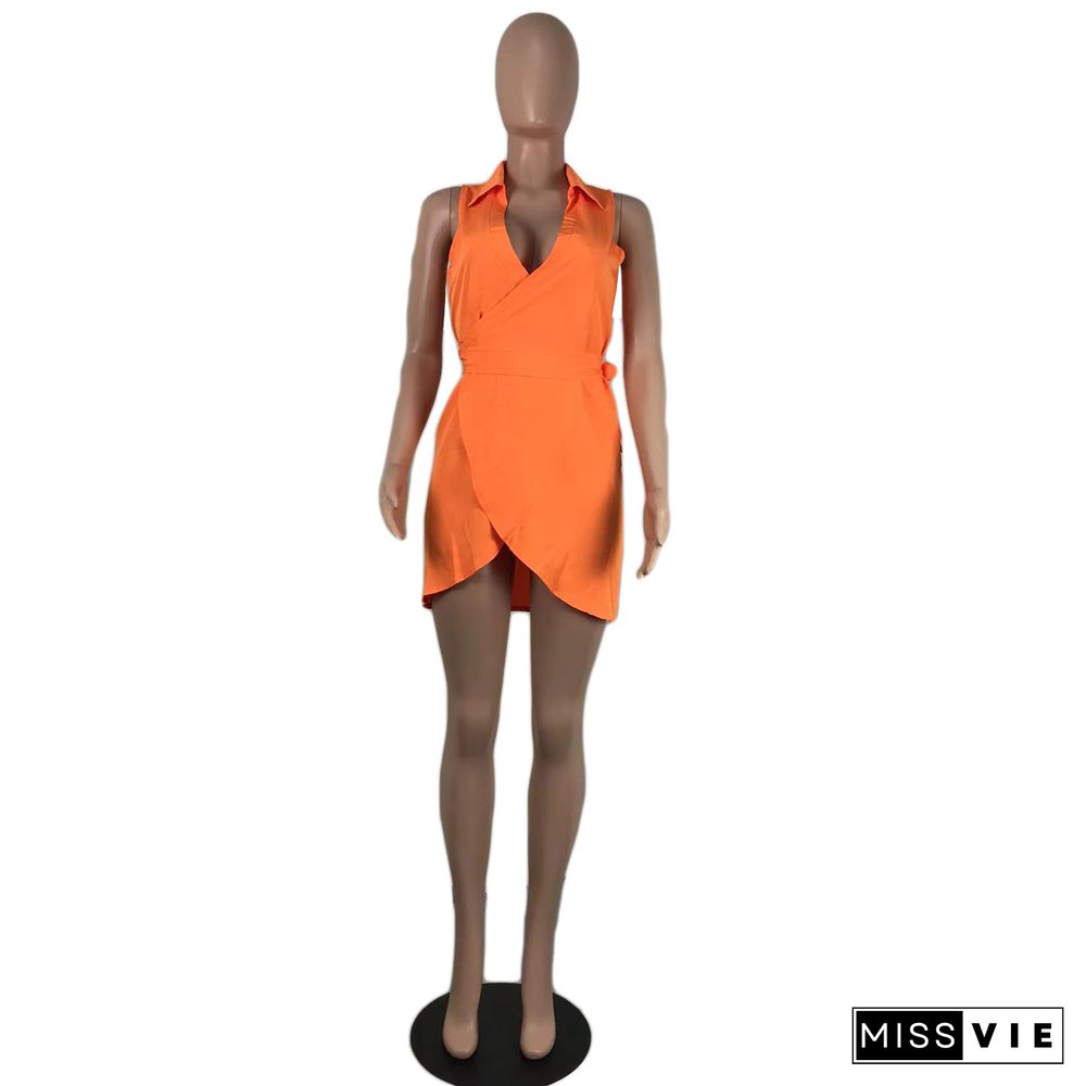 Turn Down Collar Sleeveless Lace Up Elegant Dress