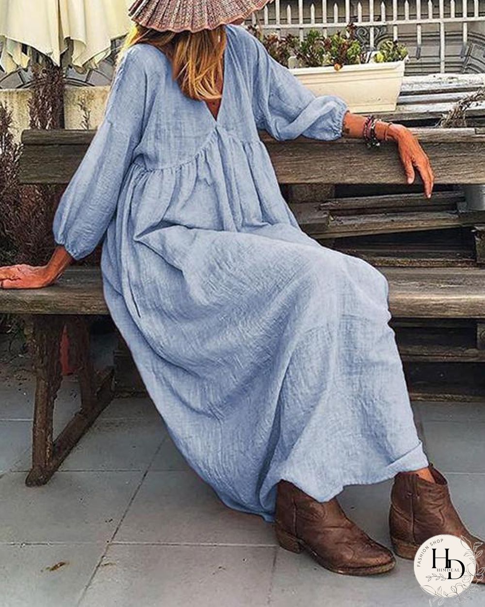 Solid Lantern Sleeve Loose Pleated V Neck Maxi Dress