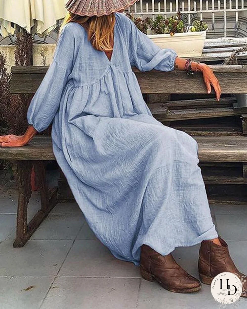 Solid Lantern Sleeve Loose Pleated V Neck Maxi Dress